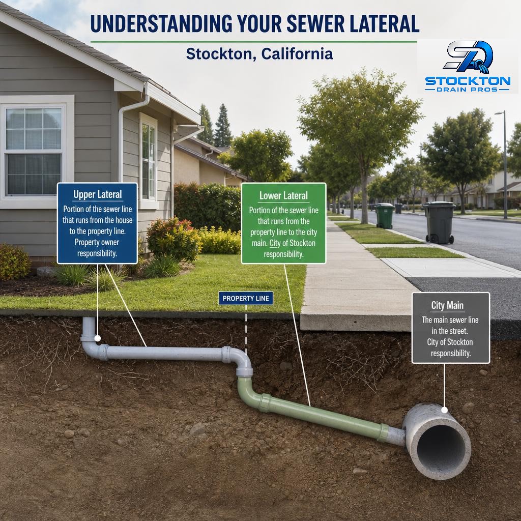 Diagram of a Stockton home sewer lateral and the city main connection