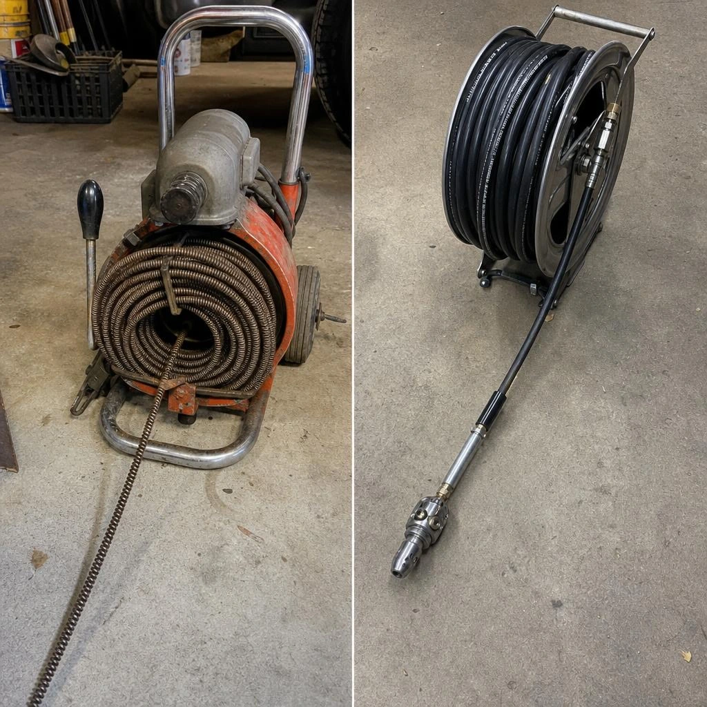 Drain snake cable next to a hydro jetting hose reel, comparing drain cleaning methods in Stockton CA
