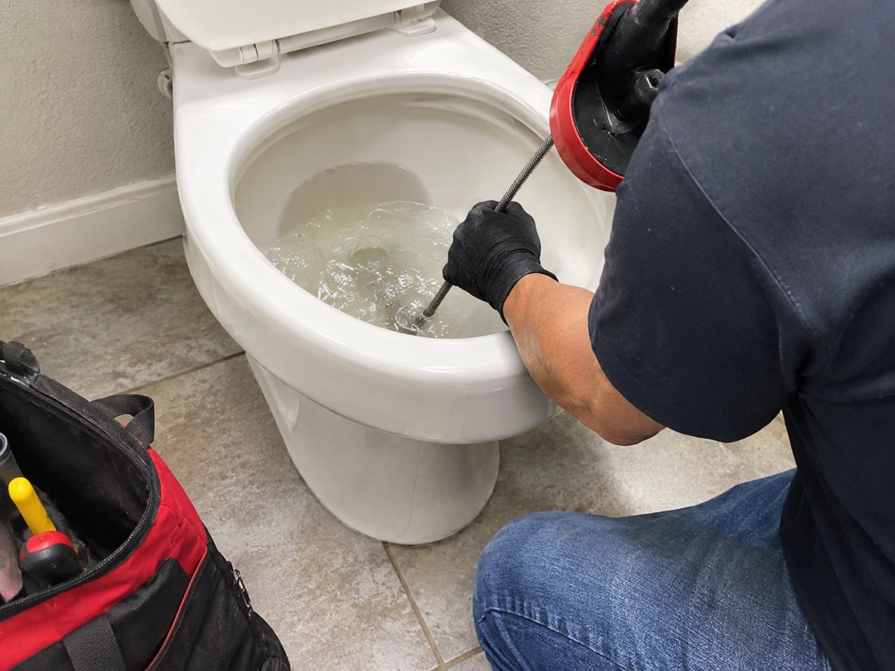 Plumber clearing a clogged toilet in a Stockton, CA home