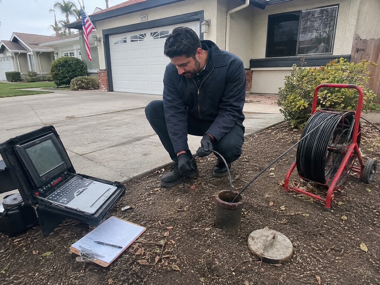 Technician running a sewer camera through a Stockton, CA home's curbside cleanout before purchase