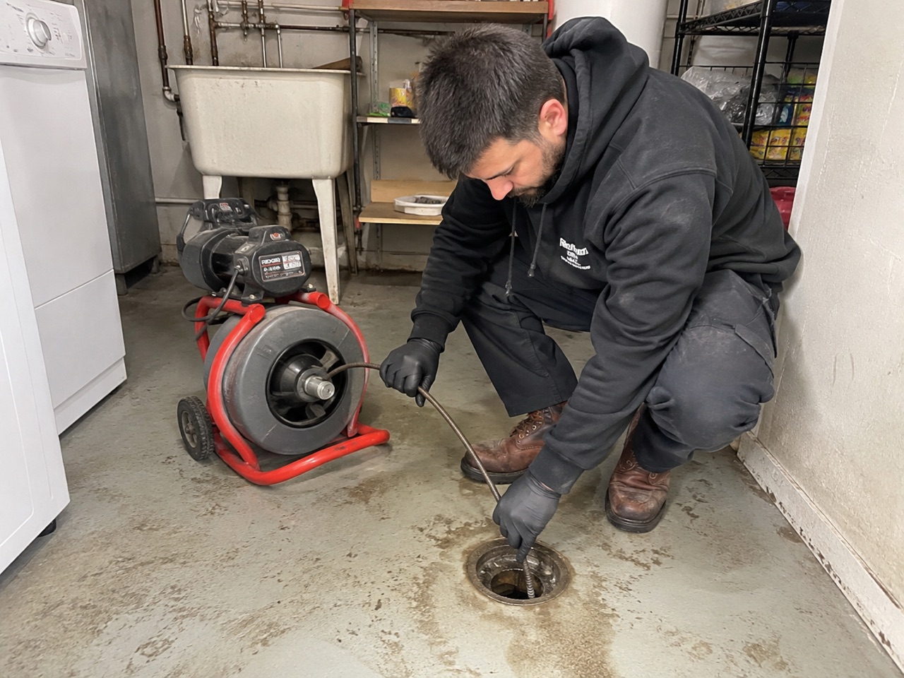 Drain service technician working at a Stockton, CA multi-unit rental property