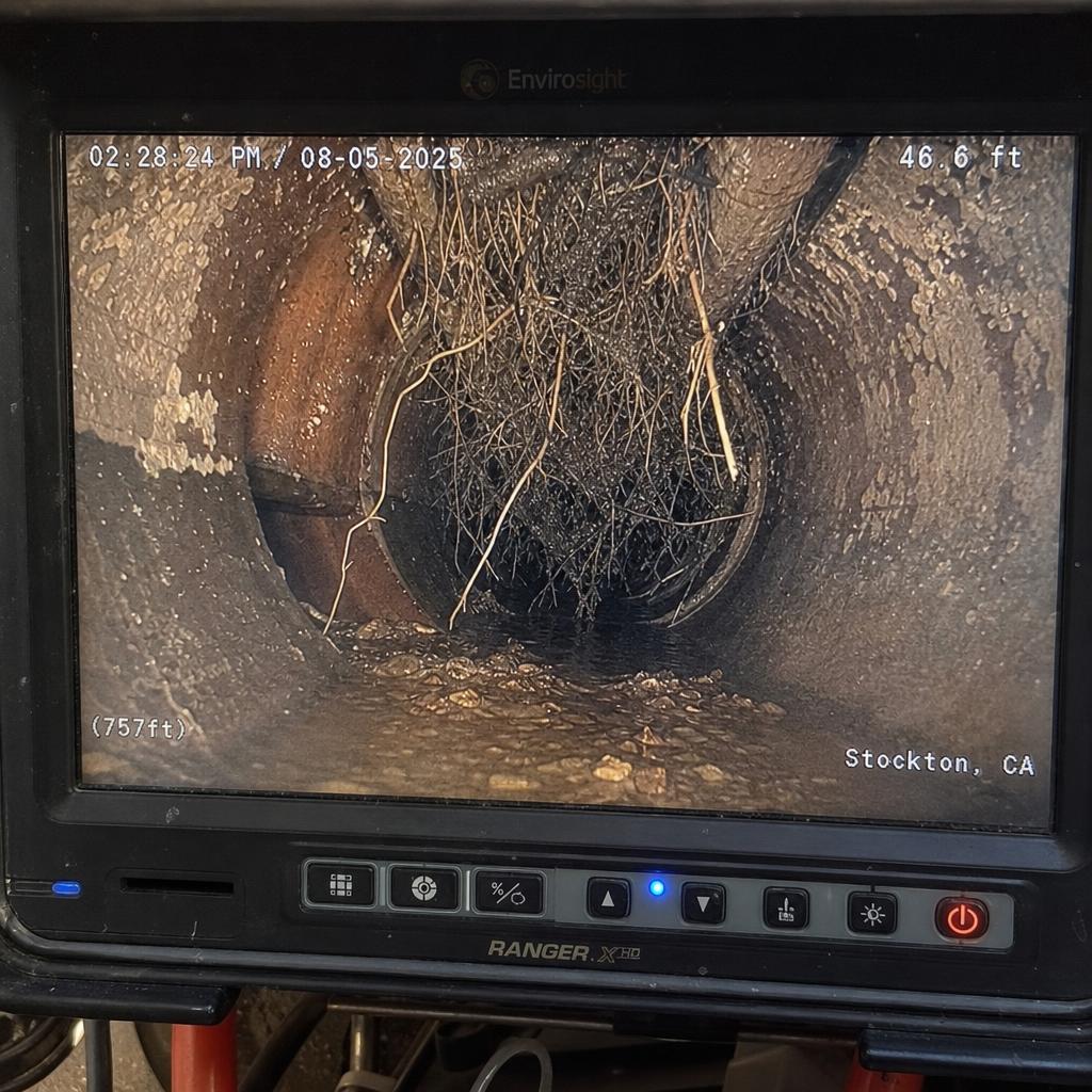 Sewer camera monitor showing a pipe interior during a pre-purchase home inspection in Stockton CA