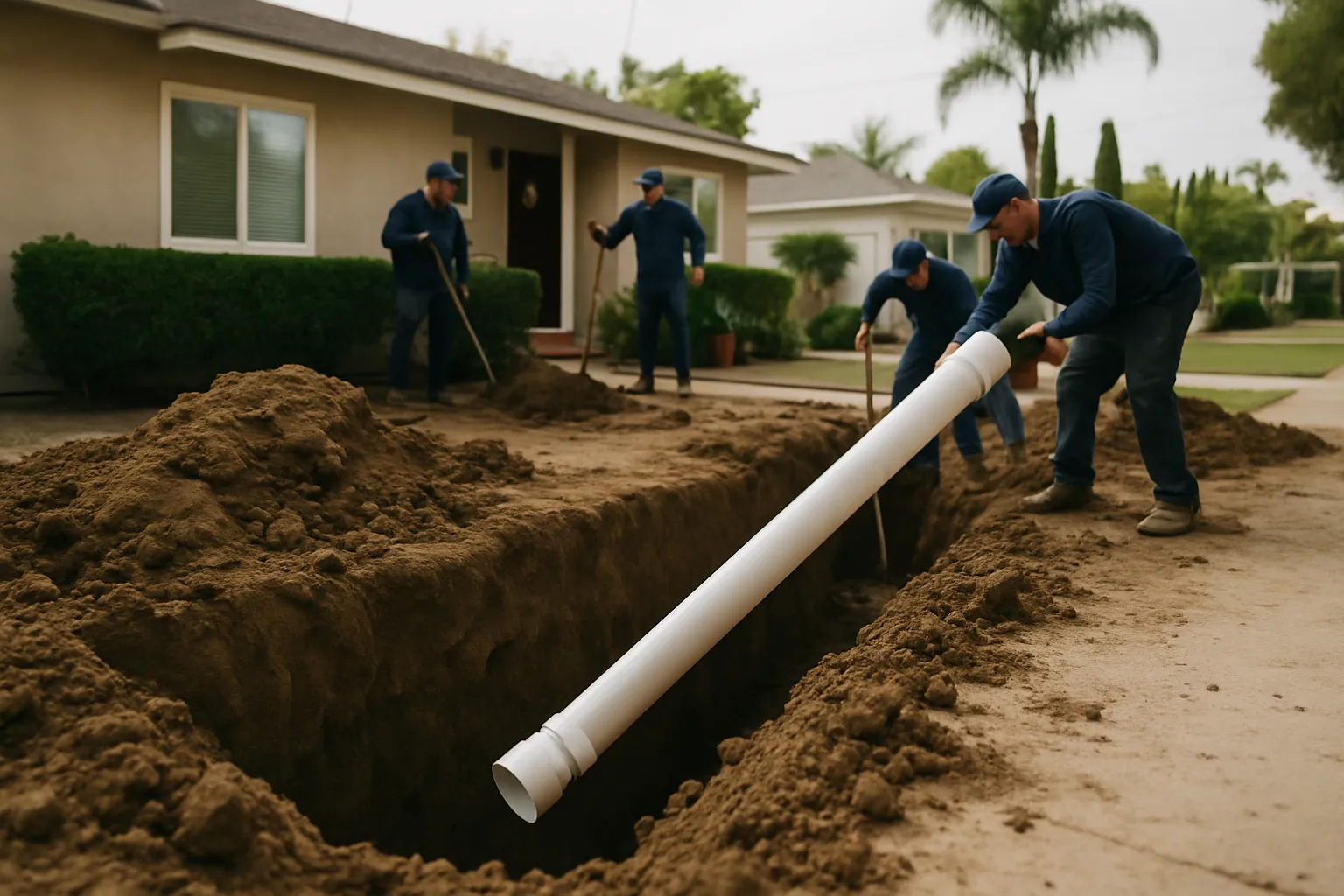 Sewer line replacement excavation exposing an old lateral in a Stockton, CA yard